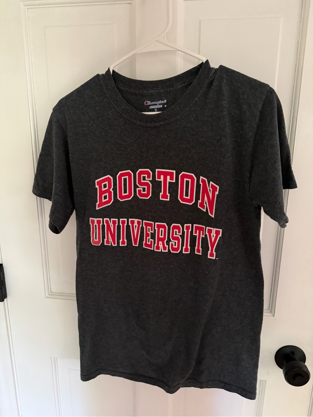 Champion Charcoal Gray Boston iUniversity Short Sleeve Tee with Red Lettering